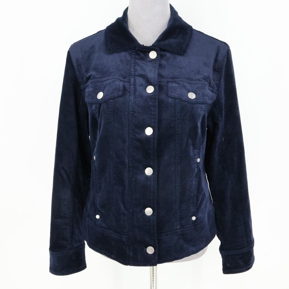Chicos Jacket 2 Womens Large Blue Cotton Velour Lined Full Zip Snaps Pockets